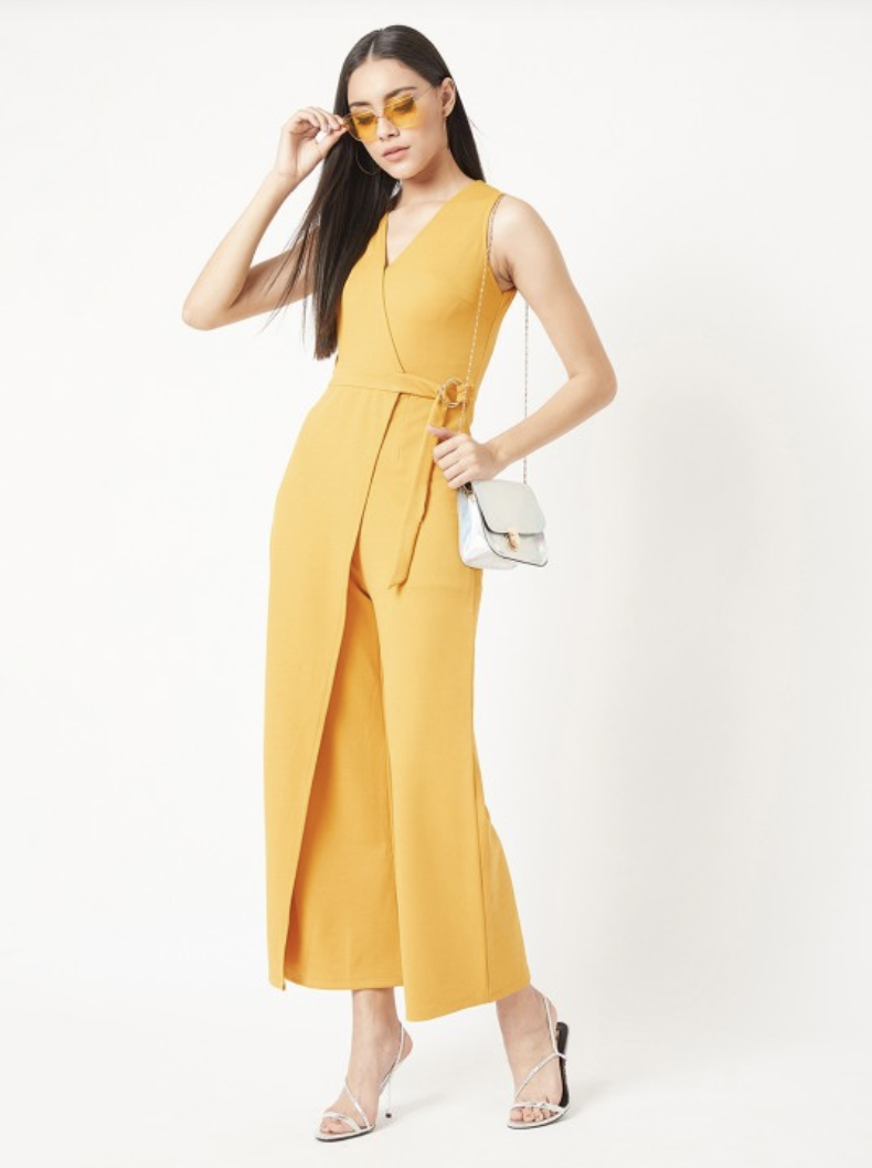 Women Mustard Yellow Solid Basic Jumpsuit